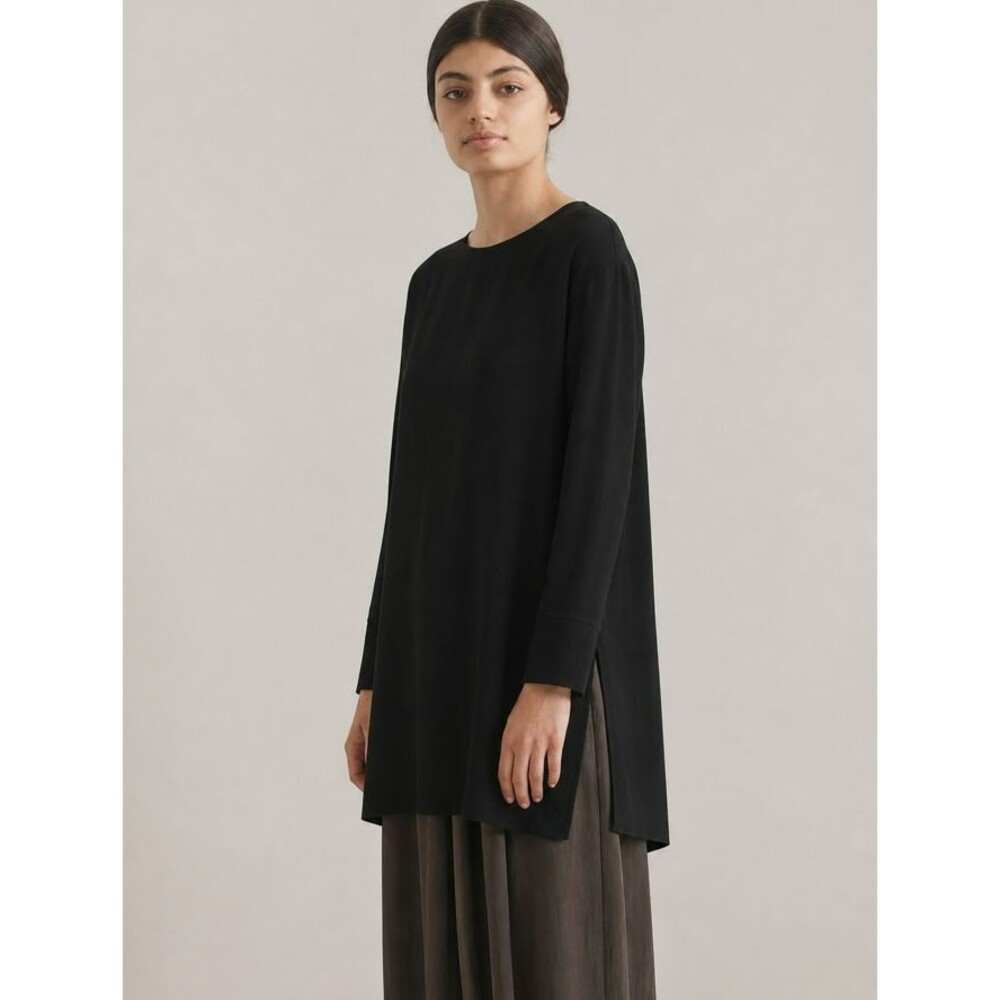 Black Crane Boat Neck Tunic Top S Long Sleeve Oversized Wool Rayon Minimalist US
